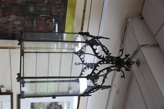 A pair of late 19th century hexagonal hall lanterns, 32 x 17.5in.